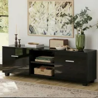 Artiss 140cm Black TV Cabinet - Modern Entertainment Unit with Storage, High-Gloss Finish & Cable Management