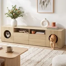 Artiss 185cm TV Unit with Cat House Storage Cabinet for TVs up to 70 Inches, Two Drawers and Open Shelves, Pine
