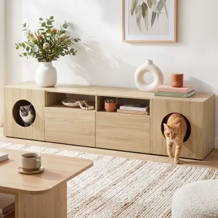 Artiss 185cm TV Unit with Cat House Storage Cabinet for TVs up to 70 Inches, Two Drawers and Open Shelves, Pine