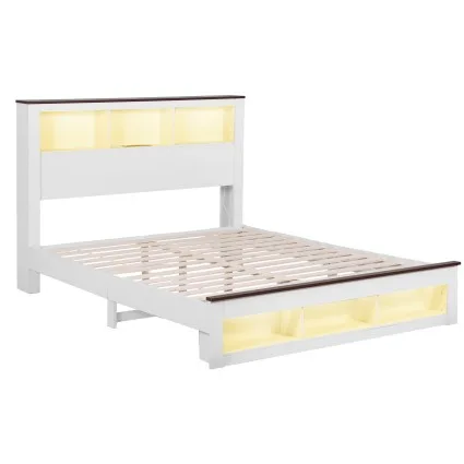 Artiss Double Bed Frame with Storage Bookcase Headboard, Charging Station and RGB LED Lighting White