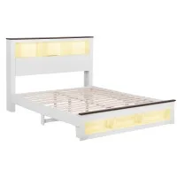 Artiss Queen Wooden Platform Bed Frame with Storage Bookcase Headboard Footboard Charging Station RGB LED White