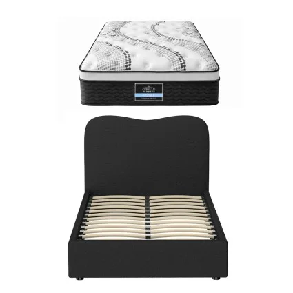 Giselle King Single Mattress and Boucle Bed Frame Set 32cm Euro Top 5-Zone Medium Firm Pocket Spring Black