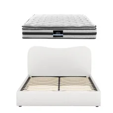 Giselle Bedding Double Bed Frame Set with 21cm Pillow Top Mattress Beige Bouclé Upholstery