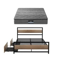 Giselle Bedding Queen Mattress and Metal Bed Frame Set with 2 Drawers 18cm Medium-Firm Pillowtop Charcoal Grey