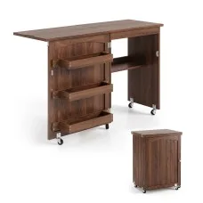 Artiss Folding Sewing Table Craft Workstation with Three Storage Bins Open Shelf and Rolling Castors Brown