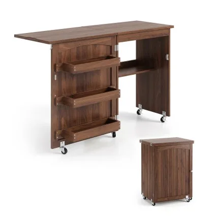 Artiss Folding Sewing Table Craft Workstation with Three Storage Bins Open Shelf and Rolling Castors Brown