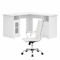 Artiss L-Shaped Office Desk and Chair Set 150cm with Storage Cabinet Drawers and Ergonomic White Chair