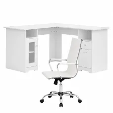 Artiss L-Shaped Office Desk and Chair Set 150cm with Storage Cabinet Drawers and Ergonomic White Chair