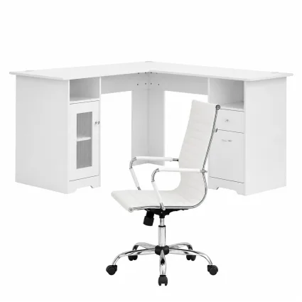 Artiss L-Shaped Office Desk and Chair Set 150cm with Storage Cabinet Drawers and Ergonomic White Chair