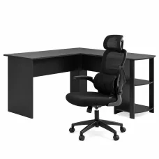 Artiss L-Shaped Office Desk and Chair Set 136cm with Storage Shelves and Ergonomic Mesh Chair Black