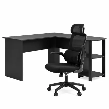 Artiss L-Shaped Office Desk and Chair Set 136cm with Storage Shelves and Ergonomic Mesh Chair Black