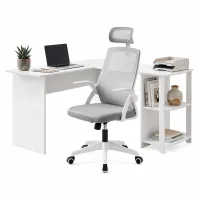 Artiss 136cm L-Shaped Home Office Desk and Ergonomic Mesh Chair Set with Shelves and Cable Management