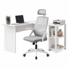 Artiss 136cm L-Shaped Home Office Desk and Ergonomic Mesh Chair Set with Shelves and Cable Management