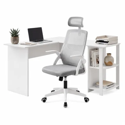Artiss 136cm L-Shaped Home Office Desk and Ergonomic Mesh Chair Set with Shelves and Cable Management
