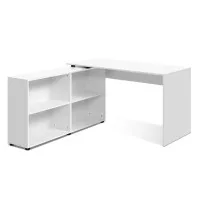 Artiss Computer Desk with Swivelling Bookshelf, Particle Board, White, 130cm, L-Shaped, Space-Saving Design