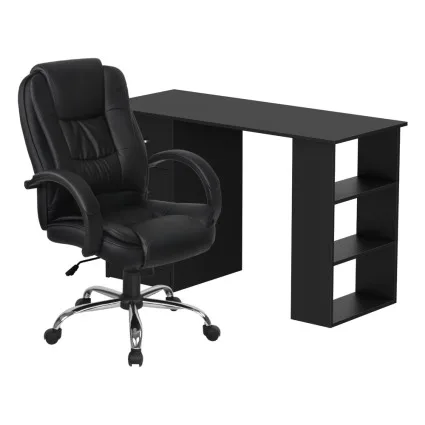 Artiss Computer Desk 120cm with Executive Office Chair Set, PU Leather High Back, Drawers & Shelves, Black
