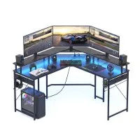 Artiss 130cm L-Shape Gaming Desk with RGB LED Monitor Stand Power Outlet Black Metal Frame