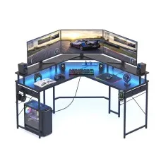Artiss 130cm L-Shape Gaming Desk with RGB LED Monitor Stand Power Outlet Black Metal Frame