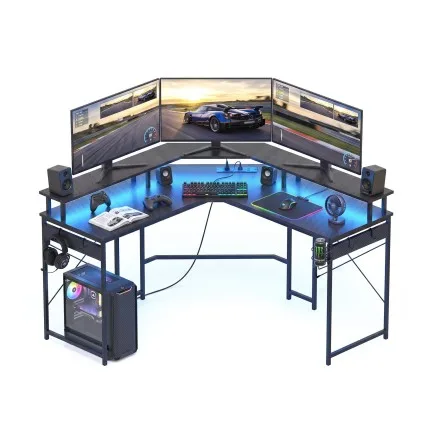 Artiss 130cm L-Shape Gaming Desk with RGB LED Monitor Stand Power Outlet Black Metal Frame