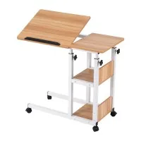 Artiss 3 Tier Adjustable Laptop Desk 80cm Tilt-able Mobile Side Table with Wheels and Storage Shelves Oak