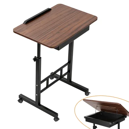 Artiss Adjustable Laptop Desk Mobile Bedside Table with Hidden Storage and Tilting Desktop Walnut