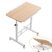Artiss Adjustable Laptop Desk Mobile Bedside Table with Hidden Storage and Tilting Desktop Light Wood