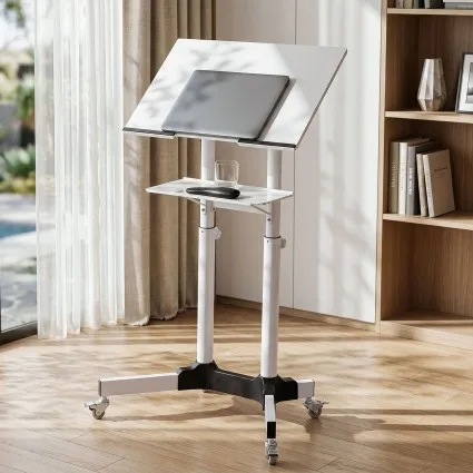 Artiss Mobile Lectern Stand Adjustable Sit-to-Stand Presentation Podium Tilting Top Wheels White (60x40cm)