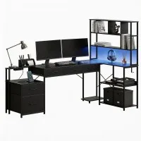 Artiss 200cm L Shaped Gaming Desk with RGB LED Strip Built in USB Type C Power Station Black 200cm Workspace