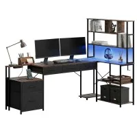Artiss 200cm L Shaped Gaming Desk Rustic Brown with RGB LED Strip and Built in Power Outlets USB Type C