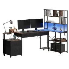 Artiss 200cm L Shaped Gaming Desk Rustic Brown with RGB LED Strip and Built in Power Outlets USB Type C