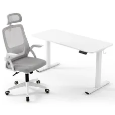Artiss Standing Desk and Office Chair Combo 140cm White Ergonomic Sit Stand Desk with Height Memory and Lumbar Support