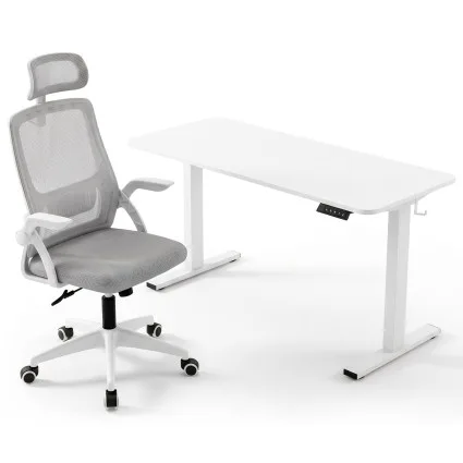 Artiss Standing Desk and Office Chair Combo 140cm White Ergonomic Sit Stand Desk with Height Memory and Lumbar Support