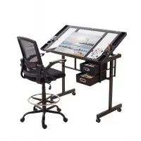 Artiss Drawing Table and Ergonomic Drafting Chair Set with Tilting Glass Desktop and Storage Drawers Black