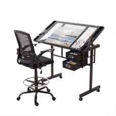 Artiss Drawing Table and Ergonomic Drafting Chair Set with Tilting Glass Desktop and Storage Drawers Black