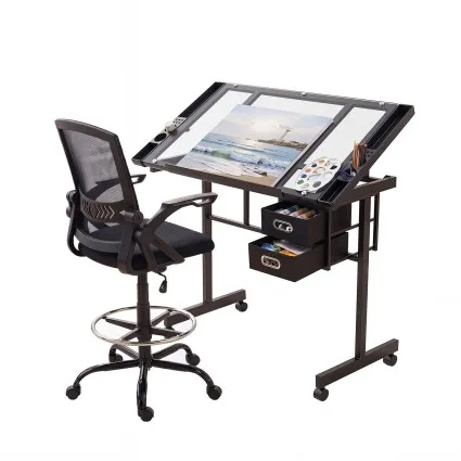 Artiss Drawing Table and Ergonomic Drafting Chair Set with Tilting Glass Desktop and Storage Drawers Black