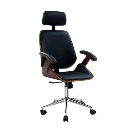 Artiss Wooden Office Chair, PU Leather Seat, Black, Adjustable, 360° Swivel, High Back, Chrome Base, Home Office