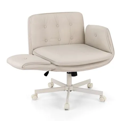 Artiss Ergonomic Criss Cross Chair with Wheels, Adjustable Armrests, PU Leather, 360° Swivel, Beige, 72x72x80-90cm