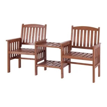 Gardeon 2-Seater Outdoor Garden Bench Loveseat Set, Fir Wood, Brown, Central Table with Parasol Hole, 165cm