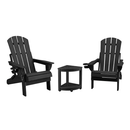 Gardeon 3-Piece Outdoor HDPE Folding Adirondack Chair Set Black with Side Table Weatherproof 170kg Capacity