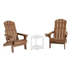 Gardeon Folding HDPE Adirondack Chair Set 3‑Piece with Side Table Waterproof Durable Brown White Outdoor