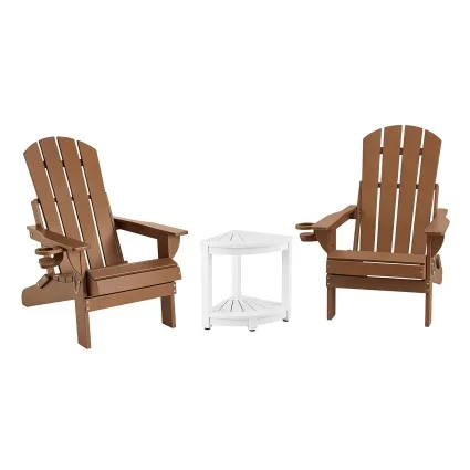 Gardeon Folding HDPE Adirondack Chair Set 3‑Piece with Side Table Waterproof Durable Brown White Outdoor