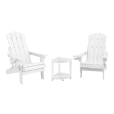 Gardeon 3-Piece Folding HDPE Adirondack Outdoor Set White with Side Table and Cupholders 170kg Capacity