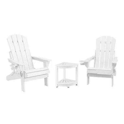 Gardeon 3-Piece Folding HDPE Adirondack Outdoor Set White with Side Table and Cupholders 170kg Capacity