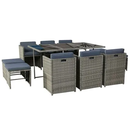 Gardeon 11-Piece Outdoor Dining Set with Wicker Table & Chairs, Grey, UV-Resistant, Space-Saving Design, Seats 10