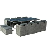Gardeon 13-Piece Outdoor Dining Set, Wicker Table & Chairs, Seats 12, Grey, UV-Resistant PE Wicker, Tempered Glass Top
