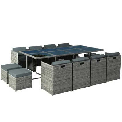 Gardeon 13-Piece Outdoor Dining Set, Wicker Table & Chairs, Seats 12, Grey, UV-Resistant PE Wicker, Tempered Glass Top