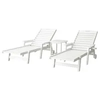 Gardeon 3-Piece Sun Lounge Set: White HDPE Outdoor Chaise Lounges & Table with Wheels, 4-Position Recline, Weatherproof