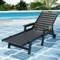 Gardeon 4-Position Adjustable Sun Lounger Chair with Wheels and Cupholder Weather-Resistant HDPE Black