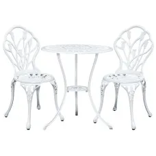 Gardeon 3PC Cast Aluminium Patio Bistro Set, Tulip White – Vintage Outdoor Furniture, Weather-Resistant, Easy Assembly