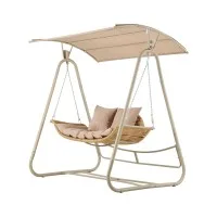 Gardeon Outdoor Swing Chair 2-Seater Rattan Hanging Seat with Adjustable Canopy 150kg Beige Freestanding